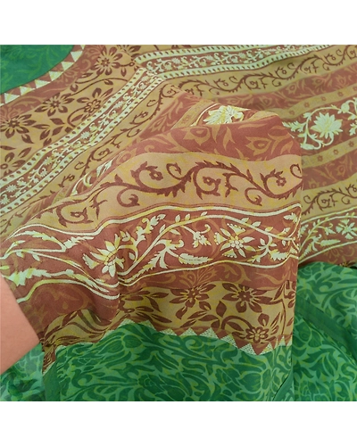 Sanskriti Vintage Sarees Green Pure Georgette Silk Printed Sari 5Yd Craft Fabric, PRG-11876-Green-Printed Floral Design-Pure Georgette Silk-4