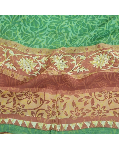 Sanskriti Vintage Sarees Green Pure Georgette Silk Printed Sari 5Yd Craft Fabric, PRG-11876-Green-Printed Floral Design-Pure Georgette Silk-6