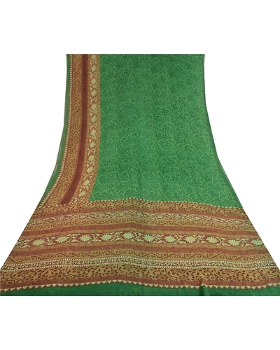 Sanskriti Vintage Sarees Green Pure Georgette Silk Printed Sari 5Yd Craft Fabric, PRG-11876-Green-Printed Floral Design-Pure Georgette Silk-8