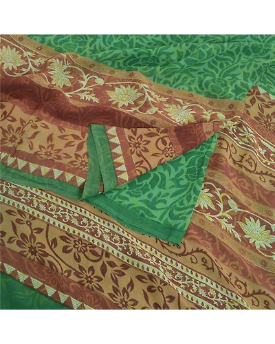 Sanskriti Vintage Sarees Green Pure Georgette Silk Printed Sari 5Yd Craft Fabric, PRG-11876-Green-Printed Floral Design-Pure Georgette Silk-9