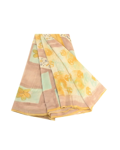 Sanskriti Vintage Sarees Pale Cream Pure Georgette Silk Print Sari Craft Fabric, PRG-11879-Pale Cream-Printed Floral Design-Pure Georgette Silk-2