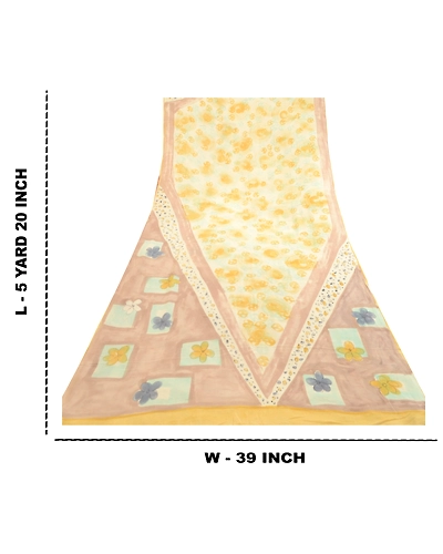 Sanskriti Vintage Sarees Pale Cream Pure Georgette Silk Print Sari Craft Fabric, PRG-11879-Pale Cream-Printed Floral Design-Pure Georgette Silk-3