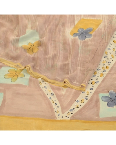 Sanskriti Vintage Sarees Pale Cream Pure Georgette Silk Print Sari Craft Fabric, PRG-11879-Pale Cream-Printed Floral Design-Pure Georgette Silk-7