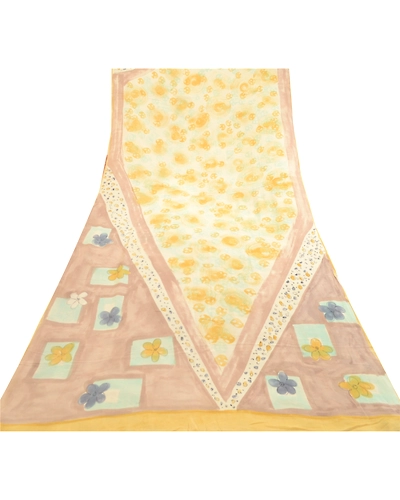 Sanskriti Vintage Sarees Pale Cream Pure Georgette Silk Print Sari Craft Fabric, PRG-11879-Pale Cream-Printed Floral Design-Pure Georgette Silk-8