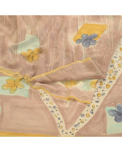 Sanskriti Vintage Sarees Pale Cream Pure Georgette Silk Print Sari Craft Fabric, PRG-11879-Pale Cream-Printed Floral Design-Pure Georgette Silk-9