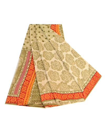Sanskriti Vintage Sarees Green Pure Georgette Silk Printed Sari 5Yd Craft Fabric, PRG-11887-Green-Printed Floral Design-Pure Georgette Silk-2