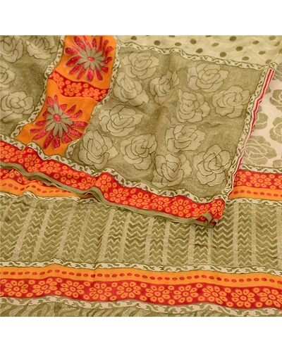 Sanskriti Vintage Sarees Green Pure Georgette Silk Printed Sari 5Yd Craft Fabric, PRG-11887-Green-Printed Floral Design-Pure Georgette Silk-7