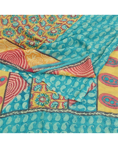 Sanskriti Vintage Sarees Blue Pure Georgette Silk Printed Sari 5Yd Craft Fabric, PRG-11894-Blue-Printed Floral Design-Pure Georgette Silk-9