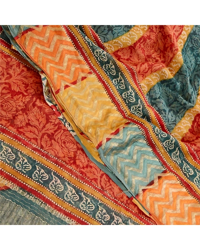 Sanskriti Vintage Sarees Green Pure Georgette Silk Printed Sari 5Yd Craft Fabric, PRG-11901-Green-Printed Floral Design-Pure Georgette Silk-1