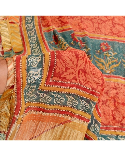 Sanskriti Vintage Sarees Green Pure Georgette Silk Printed Sari 5Yd Craft Fabric, PRG-11901-Green-Printed Floral Design-Pure Georgette Silk-4