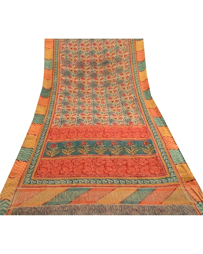 Sanskriti Vintage Sarees Green Pure Georgette Silk Printed Sari 5Yd Craft Fabric, PRG-11901-Green-Printed Floral Design-Pure Georgette Silk-8