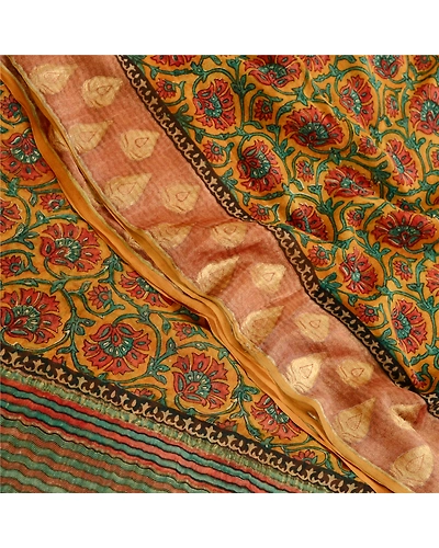 Sanskriti Vintage Sarees Saffron Pure Georgette Silk Printed Zari Sari Fabric, PRG-11919-Saffron-Printed Floral Design-Pure Georgette Silk-1