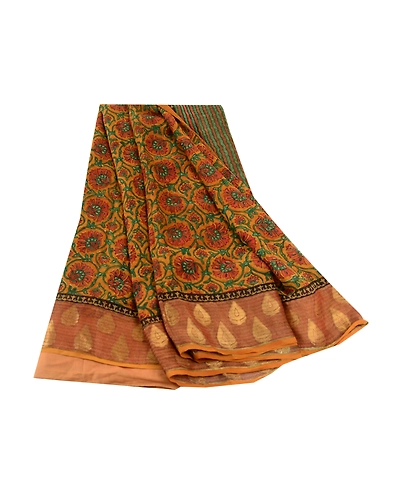 Sanskriti Vintage Sarees Saffron Pure Georgette Silk Printed Zari Sari Fabric, PRG-11919-Saffron-Printed Floral Design-Pure Georgette Silk-2