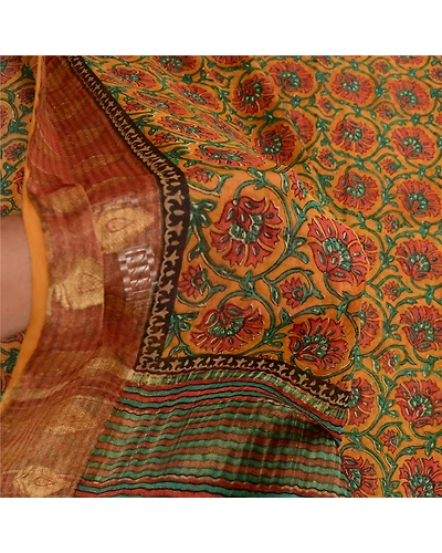 Sanskriti Vintage Sarees Saffron Pure Georgette Silk Printed Zari Sari Fabric, PRG-11919-Saffron-Printed Floral Design-Pure Georgette Silk-4
