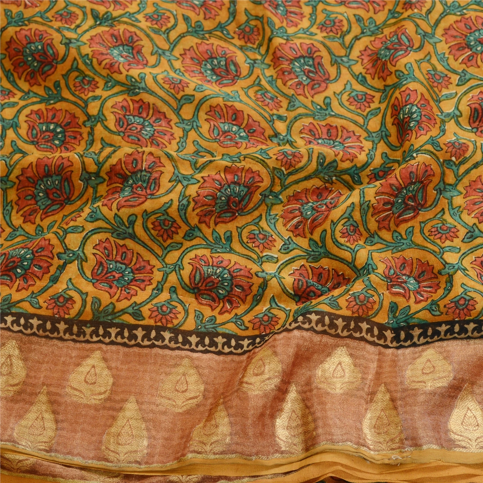 Sanskriti Vintage Sarees Saffron Pure Georgette Silk Printed Zari Sari Fabric, PRG-11919-Saffron-Printed Floral Design-Pure Georgette Silk-6