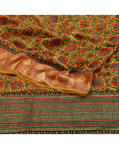 Sanskriti Vintage Sarees Saffron Pure Georgette Silk Printed Zari Sari Fabric, PRG-11919-Saffron-Printed Floral Design-Pure Georgette Silk-7