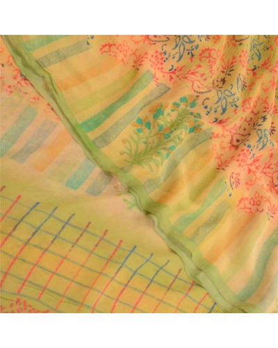 Sanskriti Vintage Sarees Pure Georgette Silk Block Printed Sari 5Yd Craft Fabric, PRG-11926-Multi-Printed Floral Design-Pure Georgette Silk-1