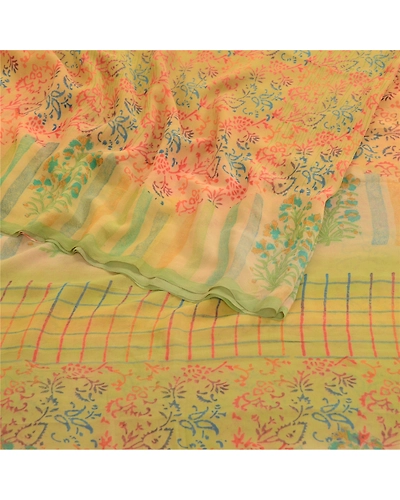 Sanskriti Vintage Sarees Pure Georgette Silk Block Printed Sari 5Yd Craft Fabric, PRG-11926-Multi-Printed Floral Design-Pure Georgette Silk-7