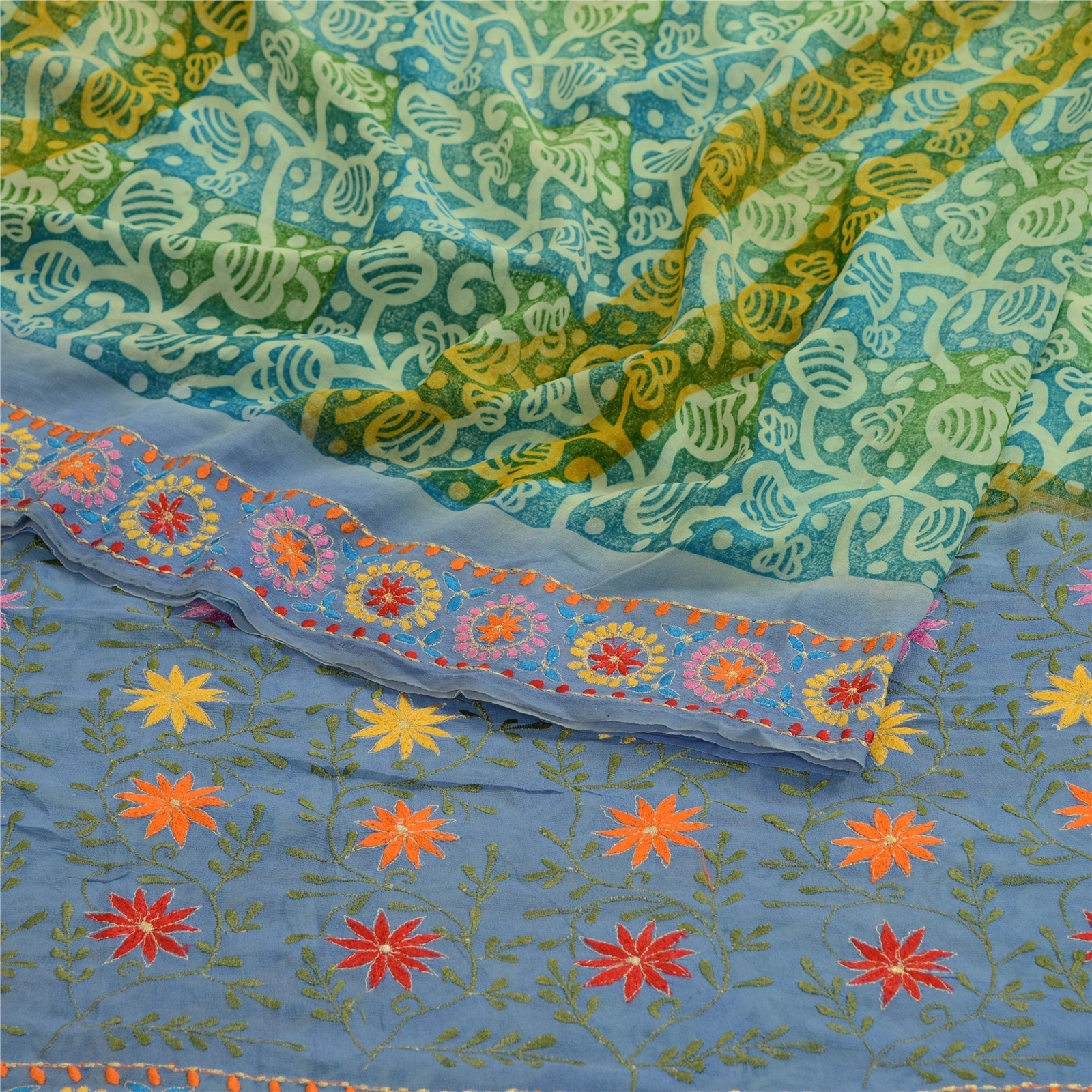 Sanskriti Vintage Sarees Blue Embroidery Pure Georgette Silk Printed Sari Fabric, PRG-11927-Blue-Printed Floral Design-Pure Georgette Silk-7