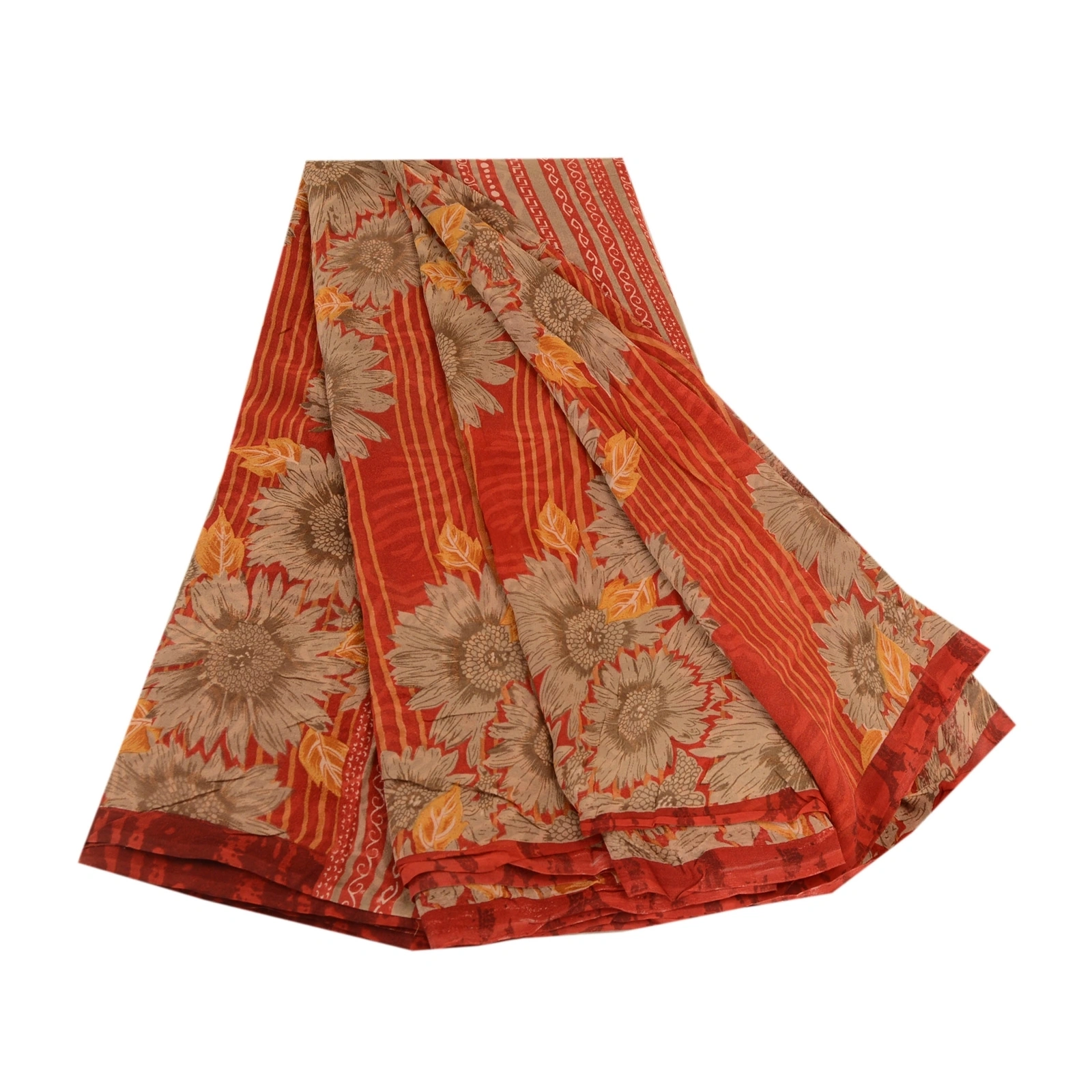 Sanskriti Vintage Sarees Indian Red Pure Georgette Silk Print Sari Craft Fabric, PRG-11938-Red-Printed Floral Design-Pure Georgette Silk-2