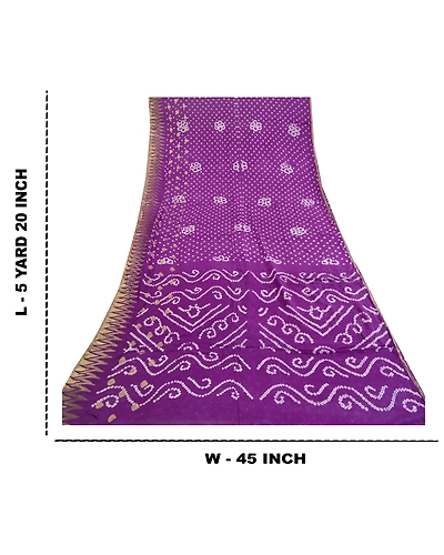 Sanskriti Vintage Sarees Purple Bandhani Printed Blend Georgette Sari 5Yd Fabric, PRG-11985-Purple-Printed Floral Design-Blend Georgette-3