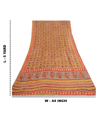 Sanskriti Vintage Sarees Multi Block Print Pure Georgette Silk Sari Craft Fabric, PRG-12016-Multi-Printed Floral Design-Pure Georgette Silk-3
