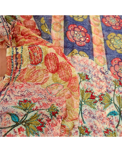 Sanskriti Vintage Sarees Hand Beaded Multi Blend Georgette Printed Sari Fabric, PRG-12019-Multi-Printed Floral Design-Blend Georgette-4