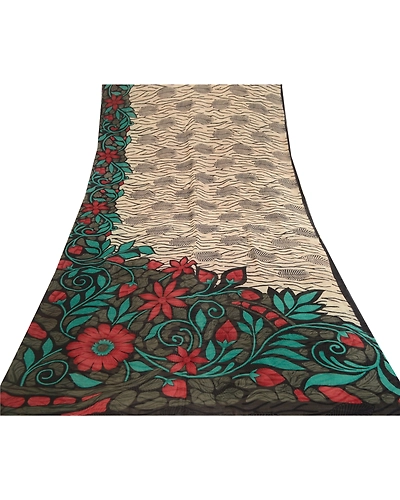 Sanskriti Vintage Sarees Ivory Pure Georgette Silk Printed Sari 5Yd Craft Fabric, PRG-12024-Multi-Printed Floral Design-Pure Georgette Silk-9