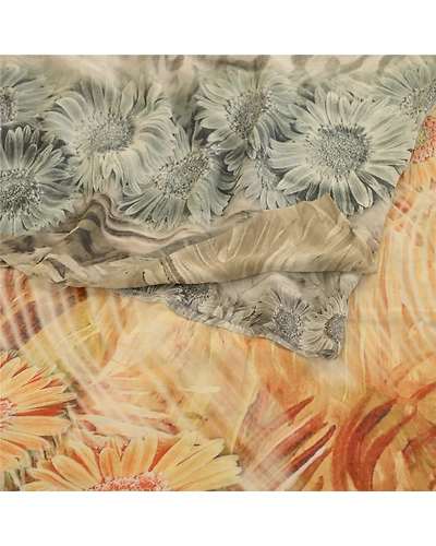 Sanskriti Vintage Sarees Gray Pure Georgette Silk Printed Sari 5Yd Craft Fabric, PRG-12034-Gray-Printed Floral Design-Pure Georgette Silk-9