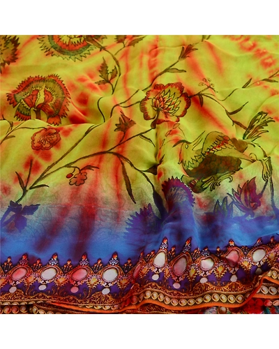 Sanskriti Vintage Sarees Digital Print Tie-Dye Pure Georgette Silk Sari Fabric, PRG-12044-Green-Printed Floral Design-Pure Georgette Silk-7