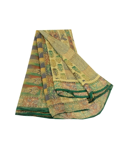 Sanskriti Vintage Sarees Green Pure Georgette Silk Printed Sari 5Yd Craft Fabric, PRG-12047-Green-Printed Floral Design-Pure Georgette Silk-2