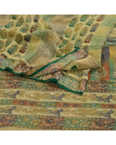 Sanskriti Vintage Sarees Green Pure Georgette Silk Printed Sari 5Yd Craft Fabric, PRG-12047-Green-Printed Floral Design-Pure Georgette Silk-7