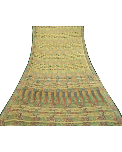 Sanskriti Vintage Sarees Green Pure Georgette Silk Printed Sari 5Yd Craft Fabric, PRG-12047-Green-Printed Floral Design-Pure Georgette Silk-8