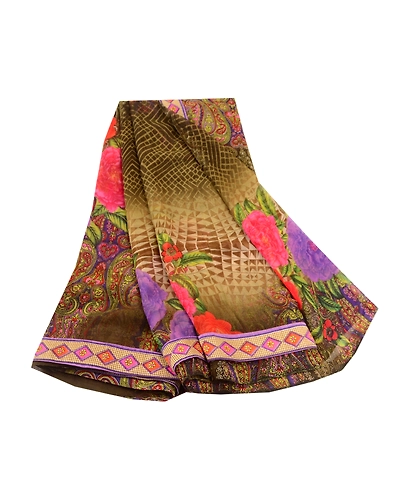 Sanskriti Vintage Sarees Green Digital Printed Georgette Sari 5Yd Craft Fabric, PRG-12048-Green-Printed Floral Design-Poly Georgette-2