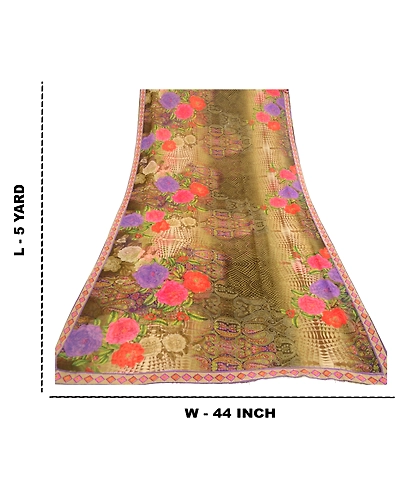 Sanskriti Vintage Sarees Green Digital Printed Georgette Sari 5Yd Craft Fabric, PRG-12048-Green-Printed Floral Design-Poly Georgette-3