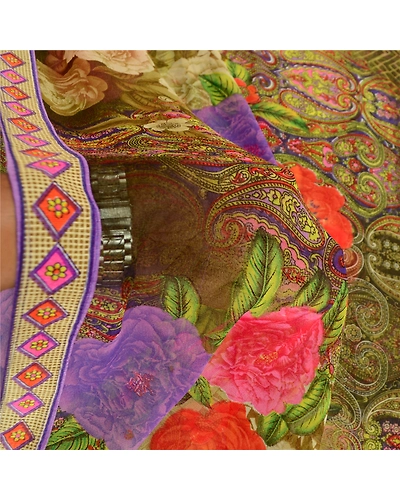 Sanskriti Vintage Sarees Green Digital Printed Georgette Sari 5Yd Craft Fabric, PRG-12048-Green-Printed Floral Design-Poly Georgette-4