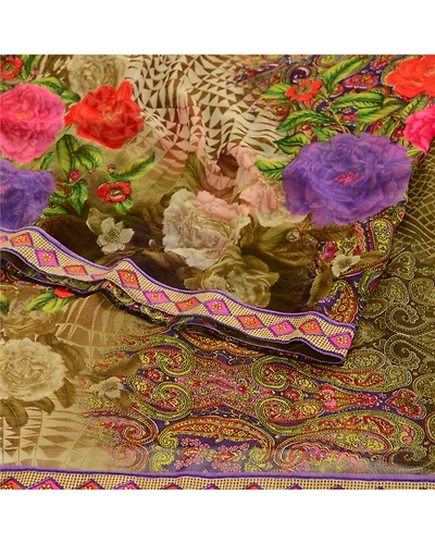 Sanskriti Vintage Sarees Green Digital Printed Georgette Sari 5Yd Craft Fabric, PRG-12048-Green-Printed Floral Design-Poly Georgette-7