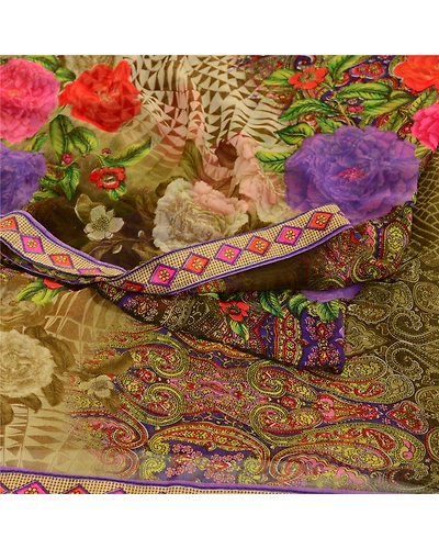 Sanskriti Vintage Sarees Green Digital Printed Georgette Sari 5Yd Craft Fabric, PRG-12048-Green-Printed Floral Design-Poly Georgette-9