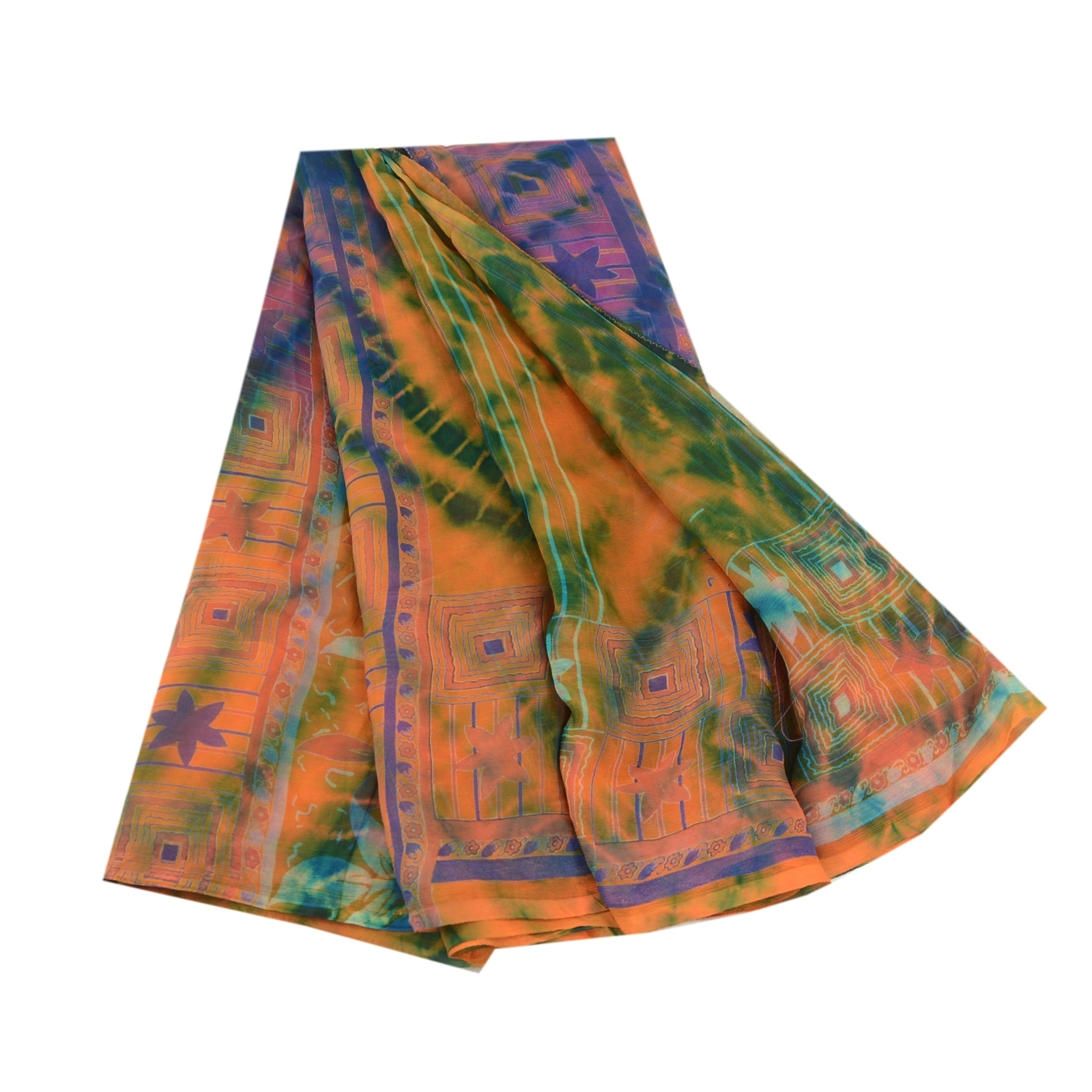 Sanskriti Vintage Sarees Multi Tie-Dye Pure Chiffon Silk Sari 5Yd Craft Fabric, PRG-12049-Multi-Printed Floral Design-Pure Chiffon Silk-2