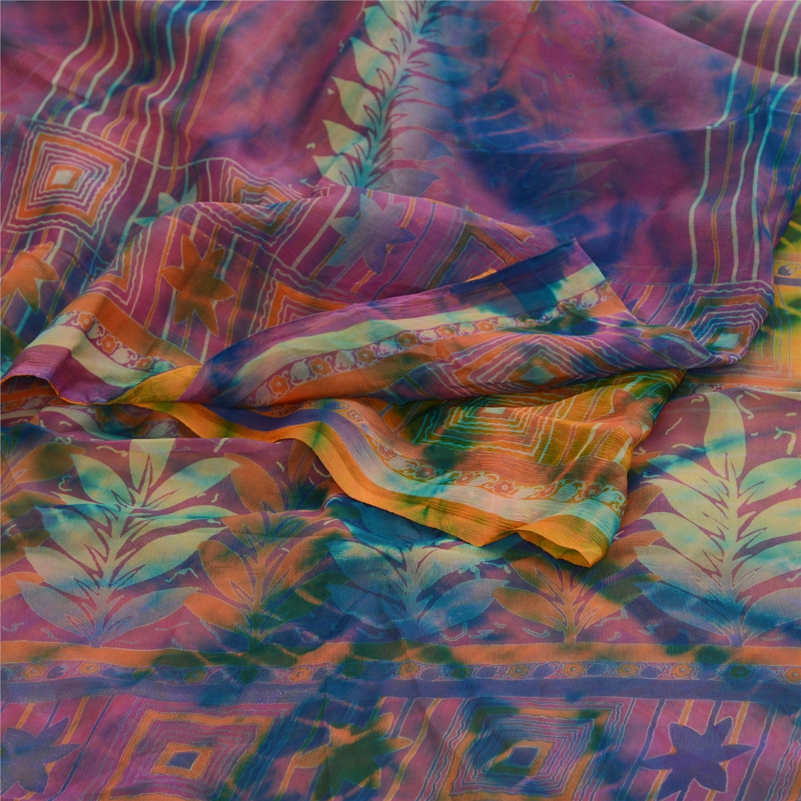 Sanskriti Vintage Sarees Multi Tie-Dye Pure Chiffon Silk Sari 5Yd Craft Fabric, PRG-12049-Multi-Printed Floral Design-Pure Chiffon Silk-7