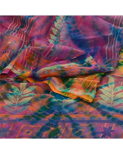 Sanskriti Vintage Sarees Multi Tie-Dye Pure Chiffon Silk Sari 5Yd Craft Fabric, PRG-12049-Multi-Printed Floral Design-Pure Chiffon Silk-7