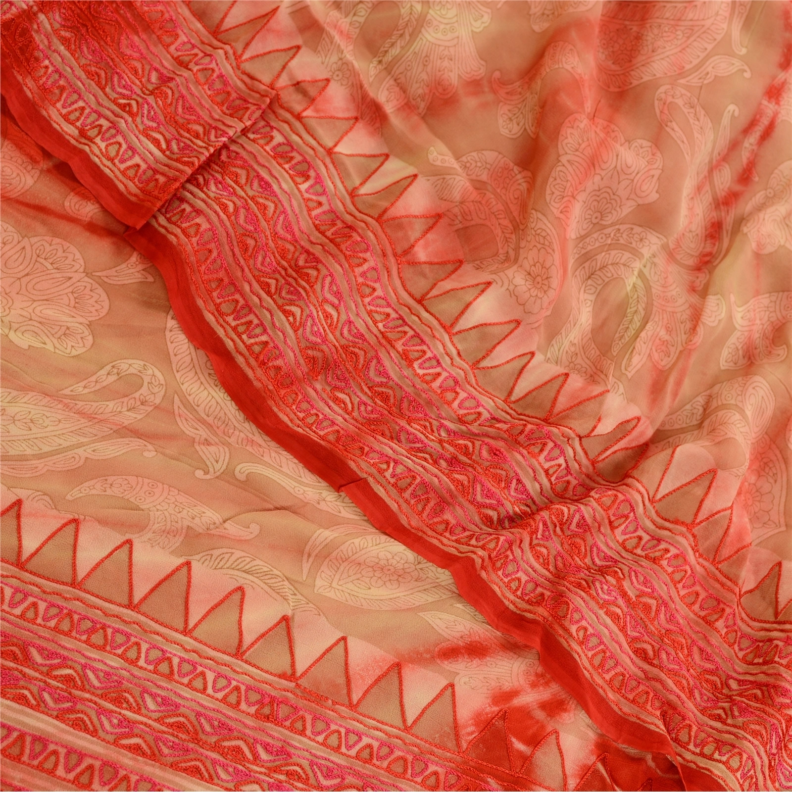 Sanskriti Vintage Sarees Red Tie-Dye Embroidered Blend Georgette Sari 5Yd Fabric, PRG-12058-Red-Printed Floral Design-Blend Georgette-1