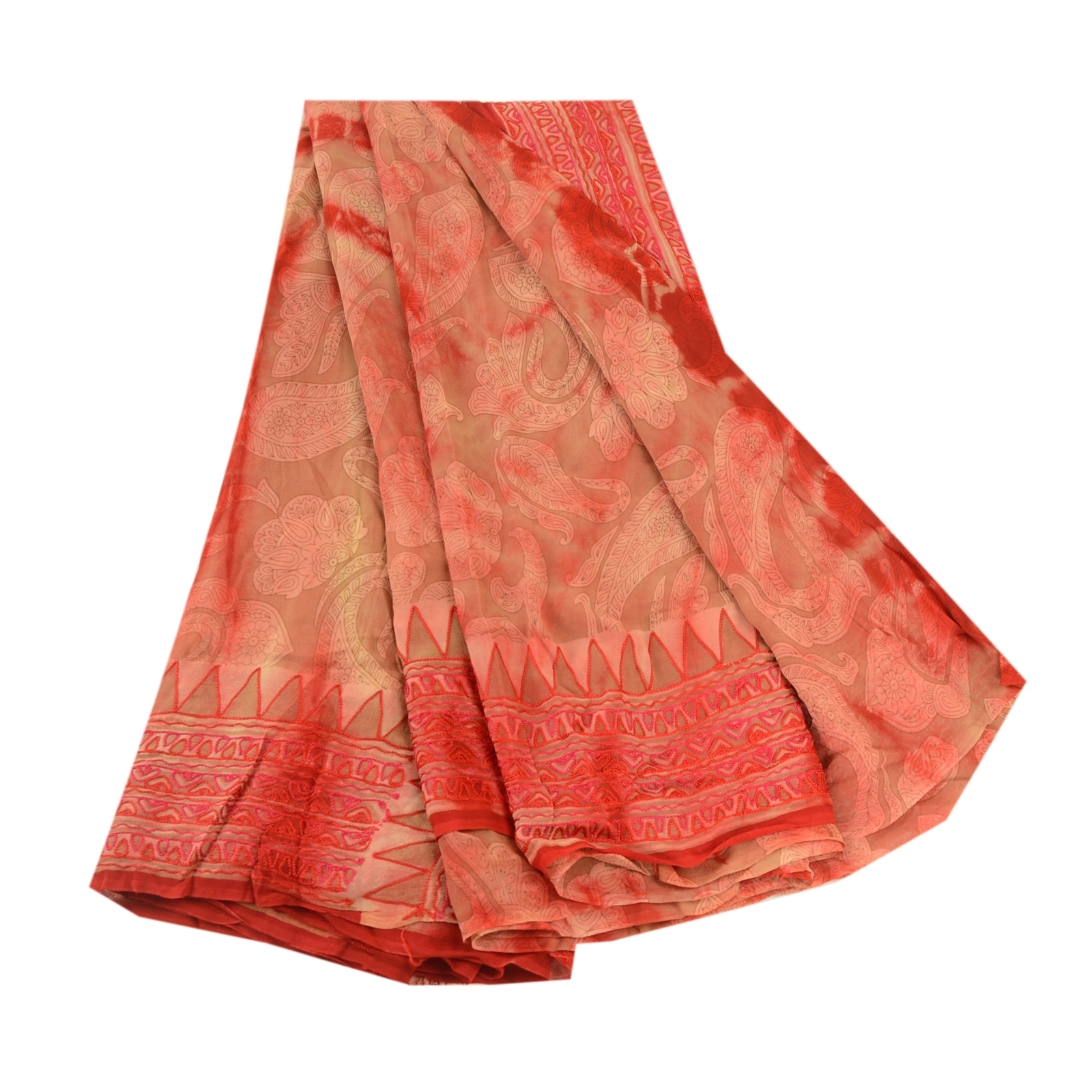 Sanskriti Vintage Sarees Red Tie-Dye Embroidered Blend Georgette Sari 5Yd Fabric, PRG-12058-Red-Printed Floral Design-Blend Georgette-2