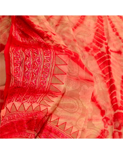 Sanskriti Vintage Sarees Red Tie-Dye Embroidered Blend Georgette Sari 5Yd Fabric, PRG-12058-Red-Printed Floral Design-Blend Georgette-4