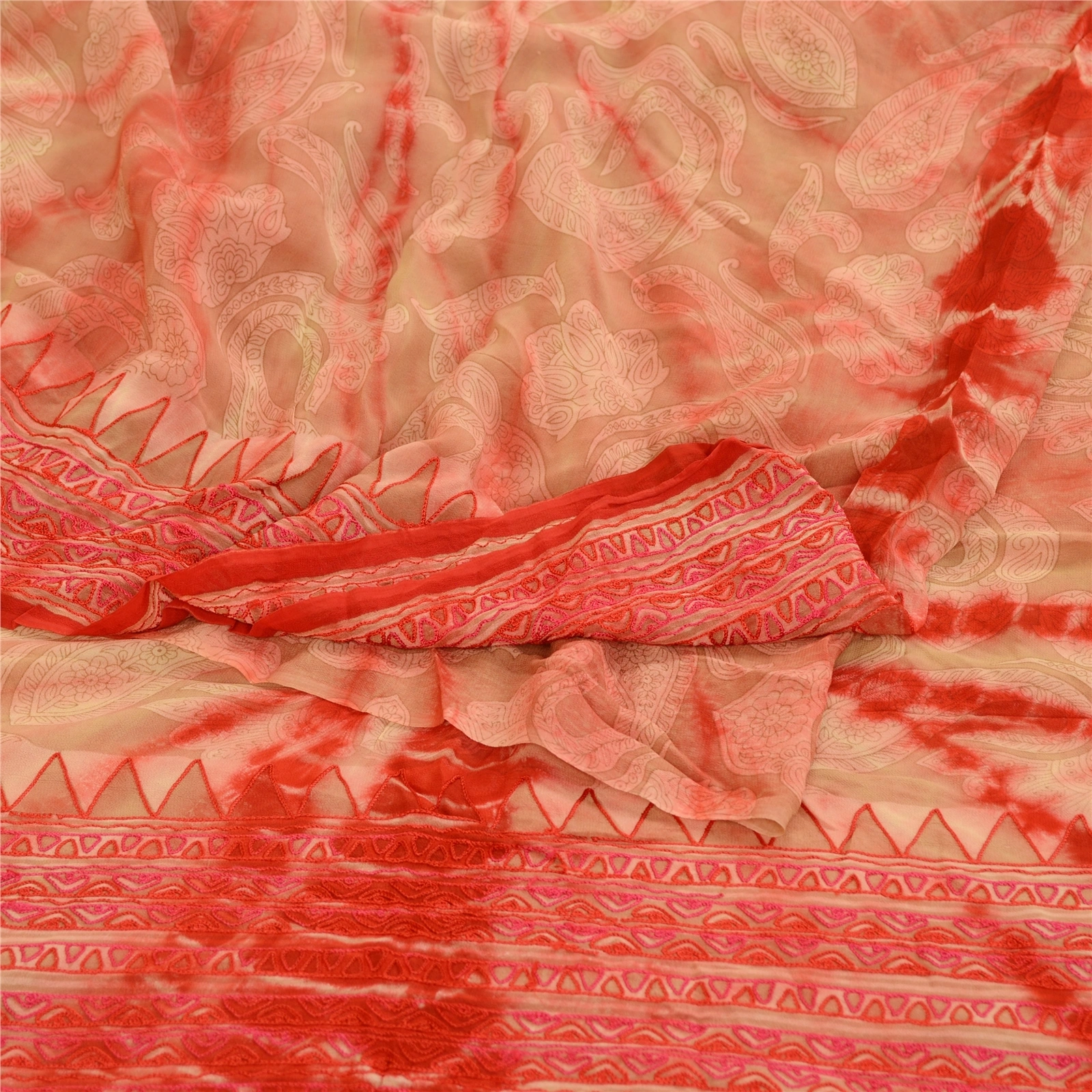 Sanskriti Vintage Sarees Red Tie-Dye Embroidered Blend Georgette Sari 5Yd Fabric, PRG-12058-Red-Printed Floral Design-Blend Georgette-7