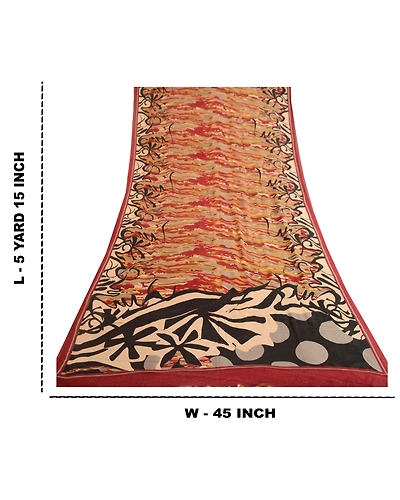 Sanskriti Vintage Sarees Red Pure Georgette Silk Printed Sari 5Yd Craft Fabric, PRG-12060-Red-Printed Floral Design-Pure Georgette Silk-3