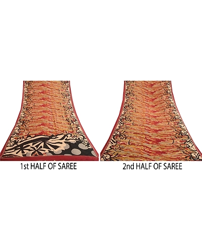 Sanskriti Vintage Sarees Red Pure Georgette Silk Printed Sari 5Yd Craft Fabric, PRG-12060-Red-Printed Floral Design-Pure Georgette Silk-5