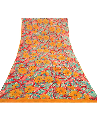 Sanskriti Vintage Sarees Multi Pure Georgette Silk Printed Sari 5Yd Craft Fabric, PRG-12062-Multi-Printed Floral Design-Pure Georgette Silk-8