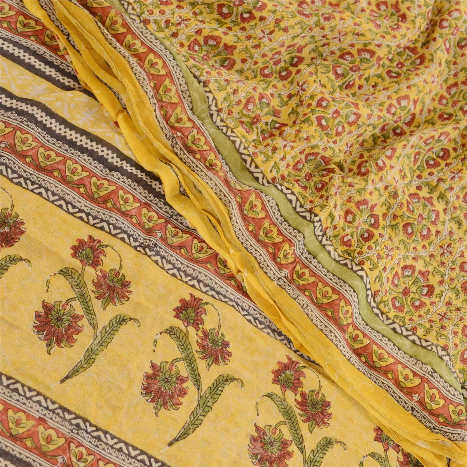 Sanskriti Vintage Sarees Yellow Block Printed Pure Georgette Silk Sari Fabric, PRG-12066-Yellow-Printed Floral Design-Pure Georgette Silk-1