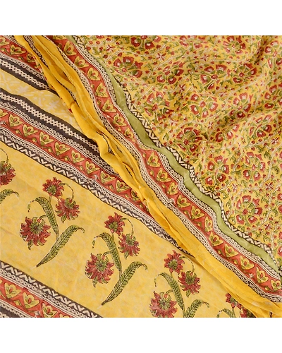 Sanskriti Vintage Sarees Yellow Block Printed Pure Georgette Silk Sari Fabric, PRG-12066-Yellow-Printed Floral Design-Pure Georgette Silk-1